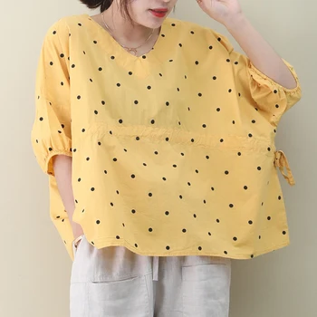 

[EWQ] 2020 Spring Summer New Pattern V-collar Short Sleeve Dot Print Patchwork Pullovers Vintage T-shirt Women AK95911