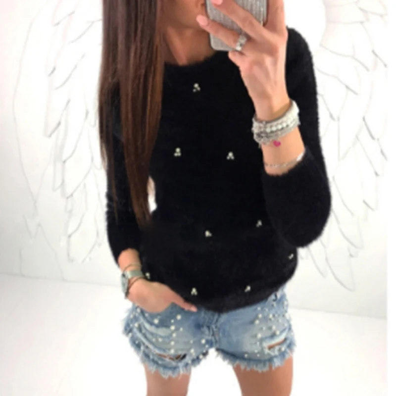 Dihope 2020 Autumn Winter Sweater Women Pullover Bead Plush Knitted Sweater Female Pull Femme Hiver Jersey Mujer Plus Size S-5XL