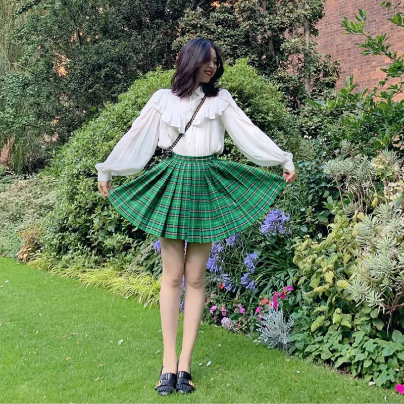 Plaid A Line Pleated Skirt Women Casual Green Mini Skirt Shorts
