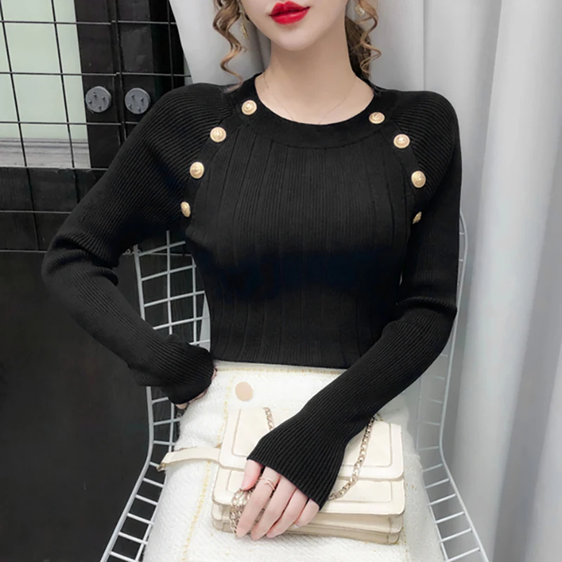 

Winter Fashion Women Pullover O Neck Long Sleeve Golden Button Women's Knitted Sweater Slim Elasticity Korean Knit Jumper Muje