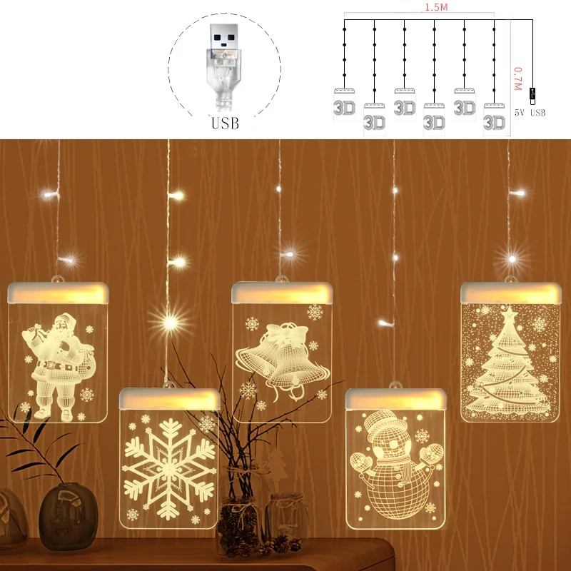 3D светодиодный акриловый Рождественский занавес струнная лампа в форме снежинки 5 В USB подвесной Ночник декор Свадебные китайские фонарики для вечеринки