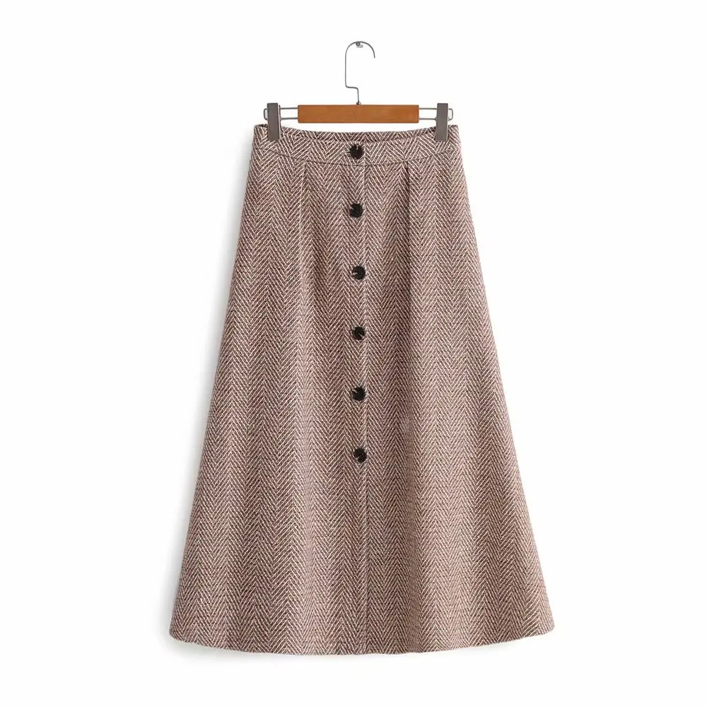

Western Style 2019 Autumn New Products-Style Slimming High-waisted Button Decoration Herringbone Twill Skirt Mid-length Skirt