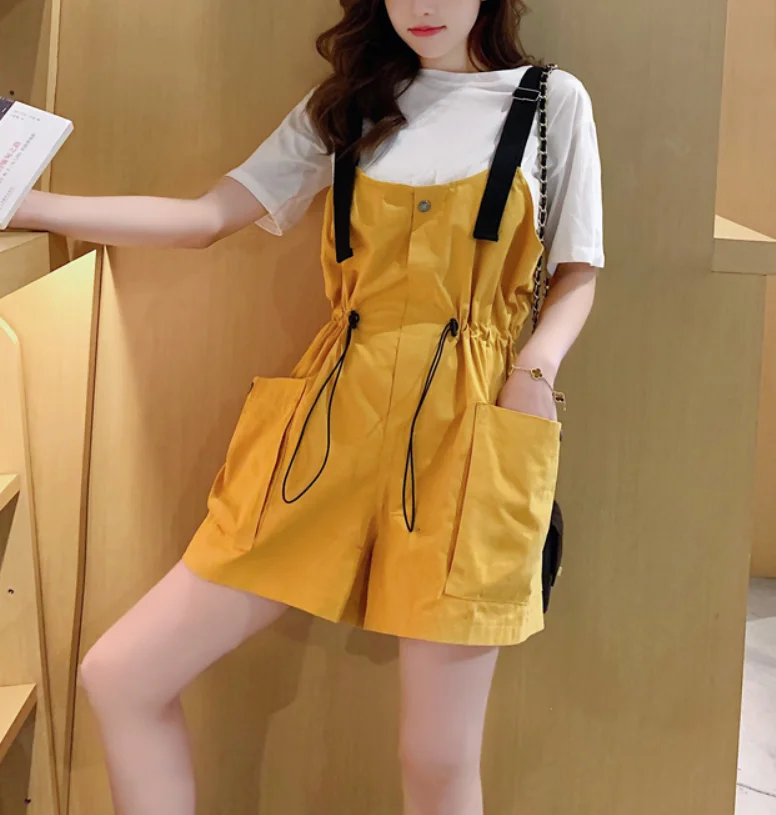 white jumpsuit set 2 шт Для женщин хлопковая рубашка+ шорты на подтяжках, комбинезоны, комплекты Лето уличная ремень женские комбинезон Комбинезоны для женщин - Цвет: white jumpsuit set