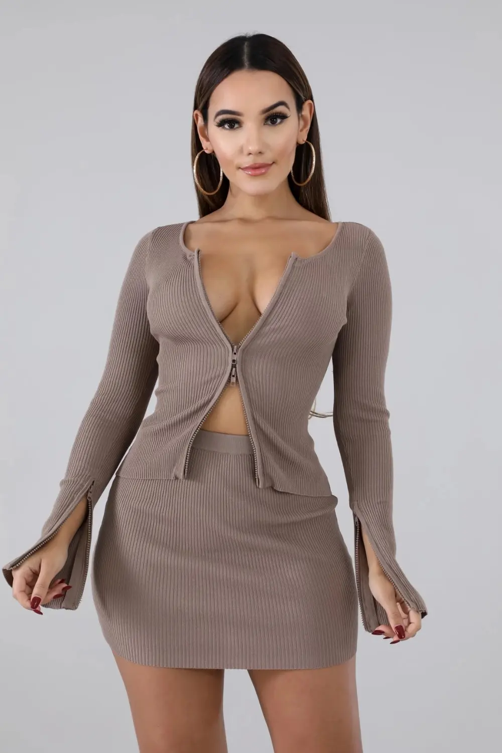 KGFIGU Kylie jenner ribbed tops and skirts sets Summer two pieces sets sexy zipper full sleeve brown matching sets outfits