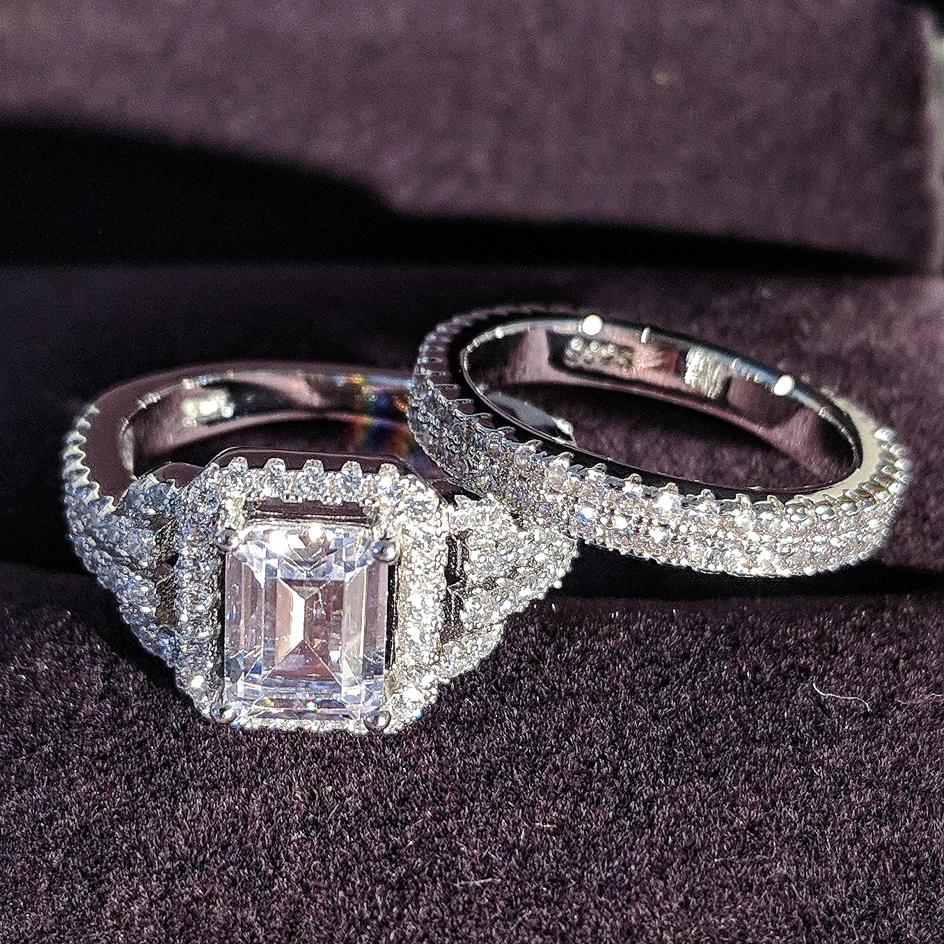 Solid 925 Sterling Silver Zircon Wedding Ring Set For Bridal Women Men