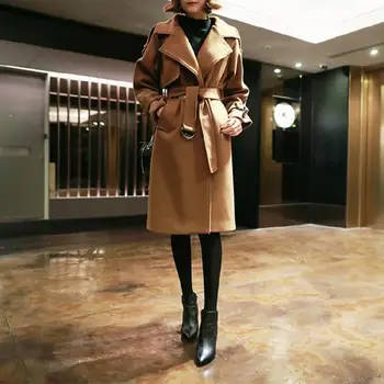 

Cashmere Woolen Women Coat Winter Fashion Vintage Warm Solid Sashes Long Wool Coat Manteau Femme Abrigos Mujer Plaszcze Damskie