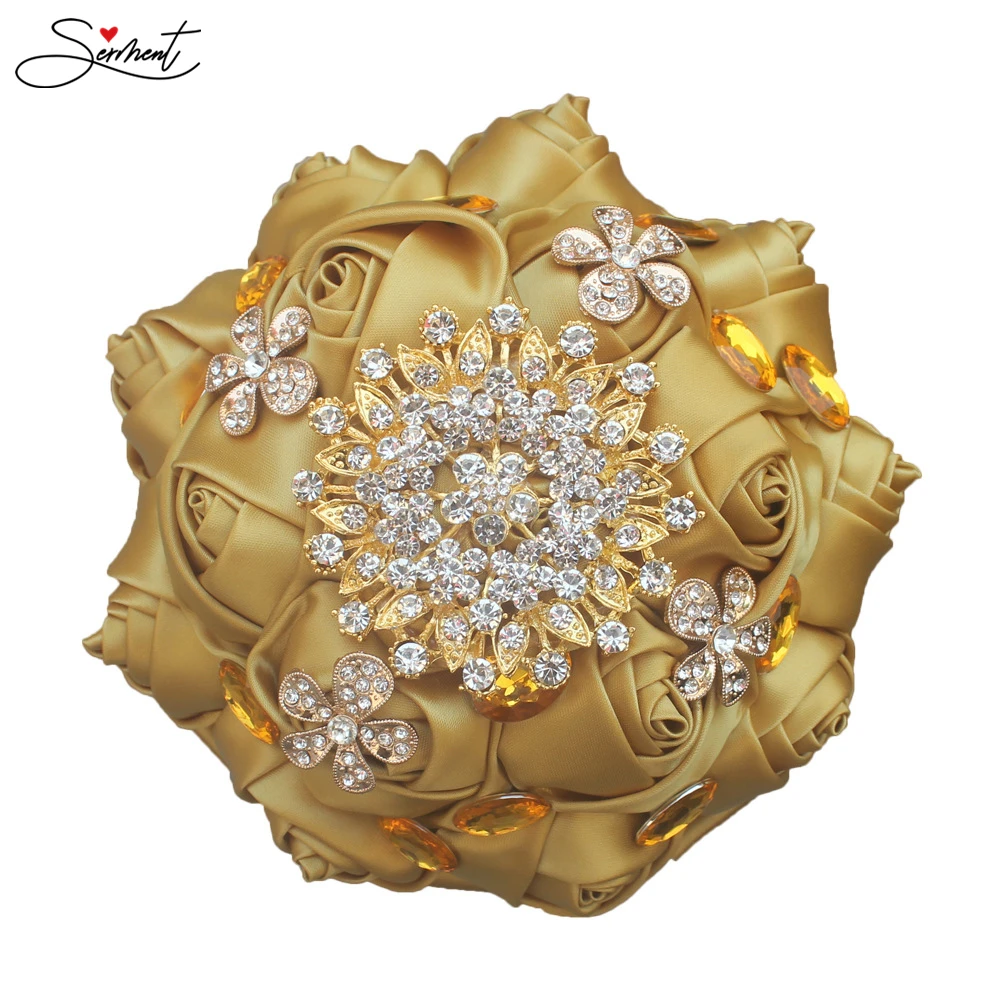 Golden Rhinestones Holding Flowers Wedding Luxury Gold Diamonds Holding Flowers New Gold Rhinestone Bouquet Wedding Accessories