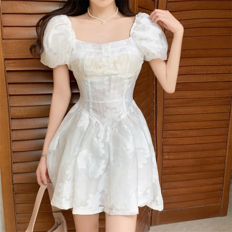 

Elegant French square neck puff sleeve slim dress white short sleeve slim waist flower solid white dresses kleid robe