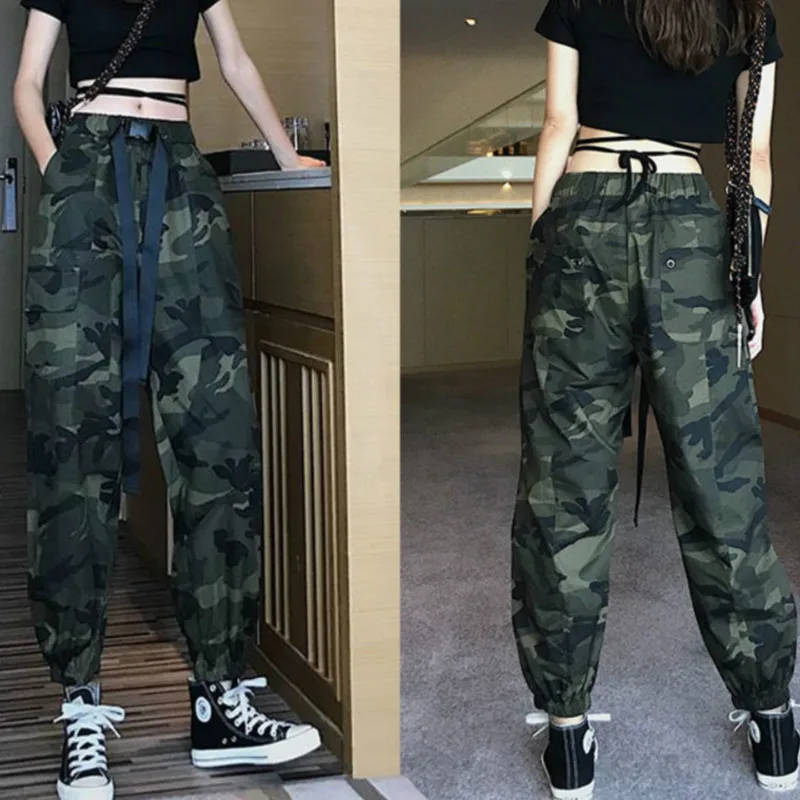 Camouflage Cargo Pants Women Army Green Ankle Banded Harem Pants Spring Autumn Korean Harem Pants Female High Waist Casual Pants