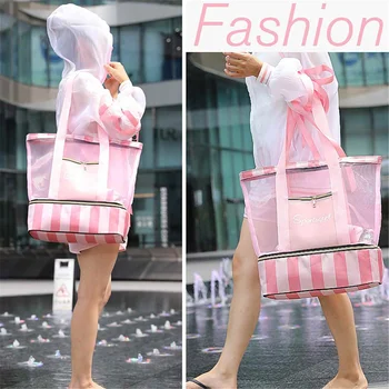 

High Capacity Women Mesh Transparent Bag Wet Dry Bags Double-layer Large Picnic Beach Bags Swimming Bag Mesh Bags Handbags