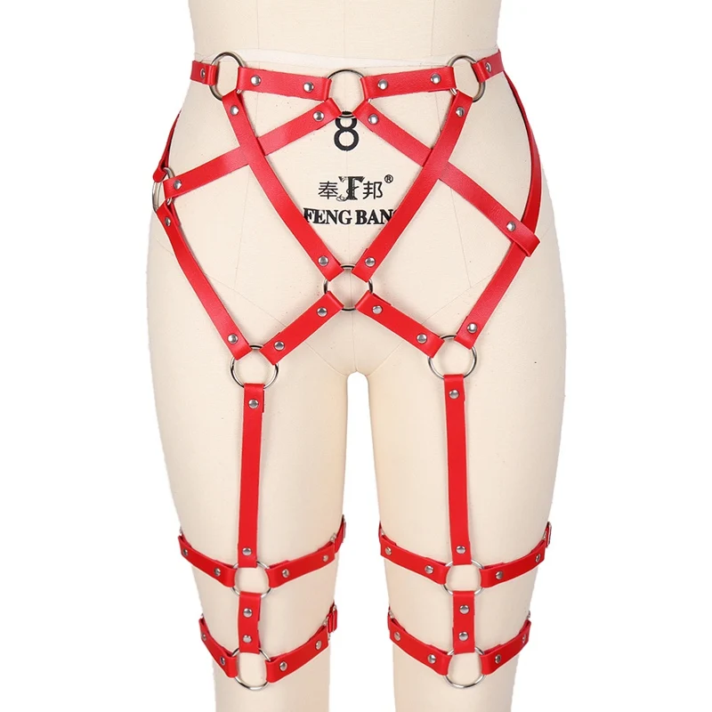 Red Garter Belt Harness Leather Women High Waist Cage Stockings Suspender Tops Goth Sexy Hollow Out Adjust Party Festival Wear