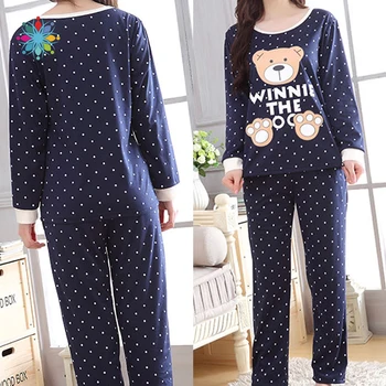 

Women's long-sleeved trousers home service suit spring and autumn winter thin cartoon bear wave point cute loose pajamas Hot