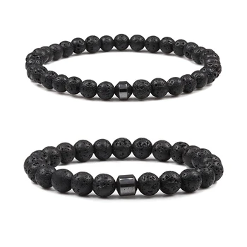 

6MM 8MM Natural Stone Lava Hematite Beaded Elastic Men Bracelet Energy Sport Bracelets Bangles Yoga Homme Jewelry Gift Pulsera
