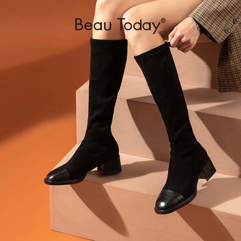 Женские сапоги до колена BeauToday высокие из эластичной ткани на квадратном каблуке