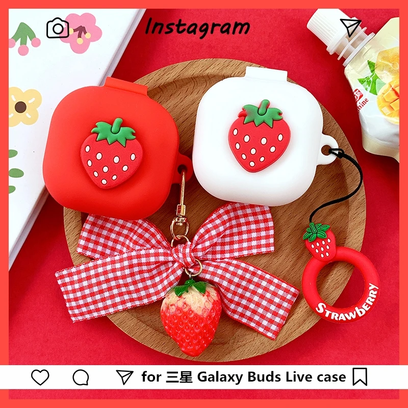 

Strawberry Silicone Case Cartoon Cute Box Wireless Earphone Shockproof Protective Cover Shell with Keychain for Galaxy Buds Live