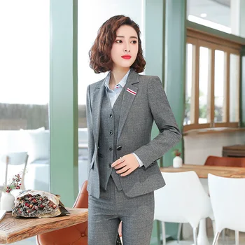 

Occupation Suit Female 2020 Trousers Autumn Long Sleeve Gray Suit Coat Waistcoat Suit