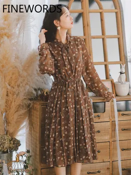 

FINEWORDS Vintage Floal Printed Harajuku Dress Elegant Gentlewomen Party Dress Chiffon Long Sleeve Bow Kawaii Dress 2020 Vestido