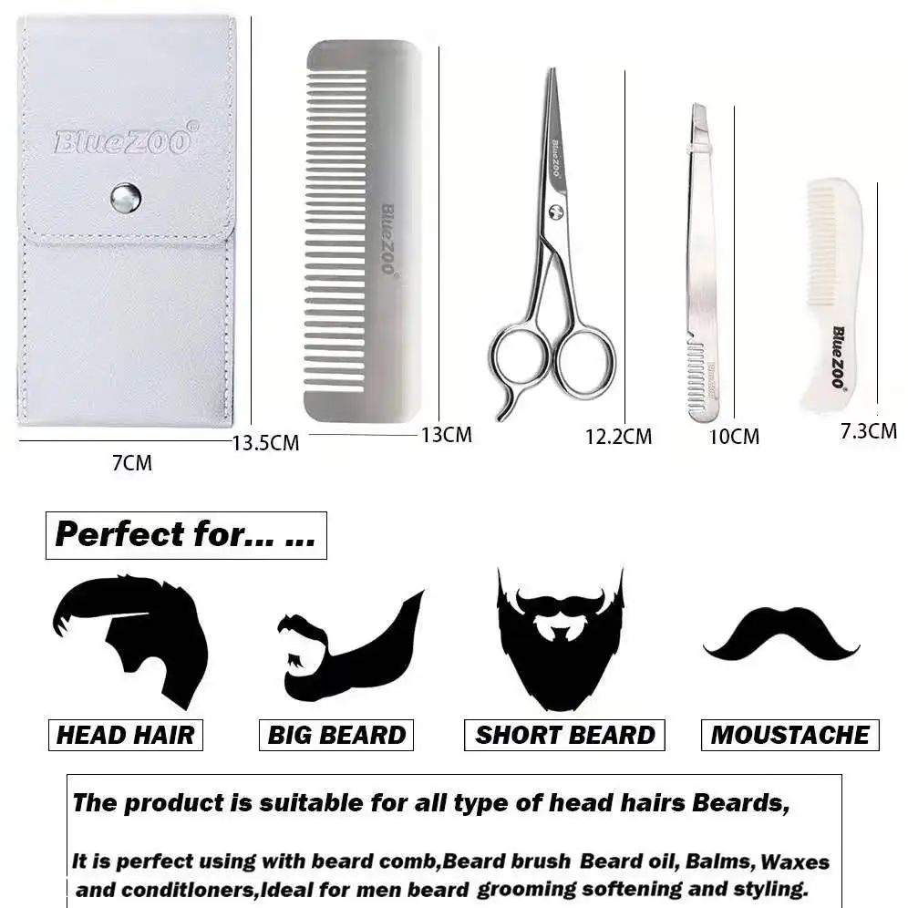 5 Pcs/Set Convenient Beard Care Square Bag Silver Scissors Comb Tweezers Set Beard Comb Nose Hair Scissors 5 Sets