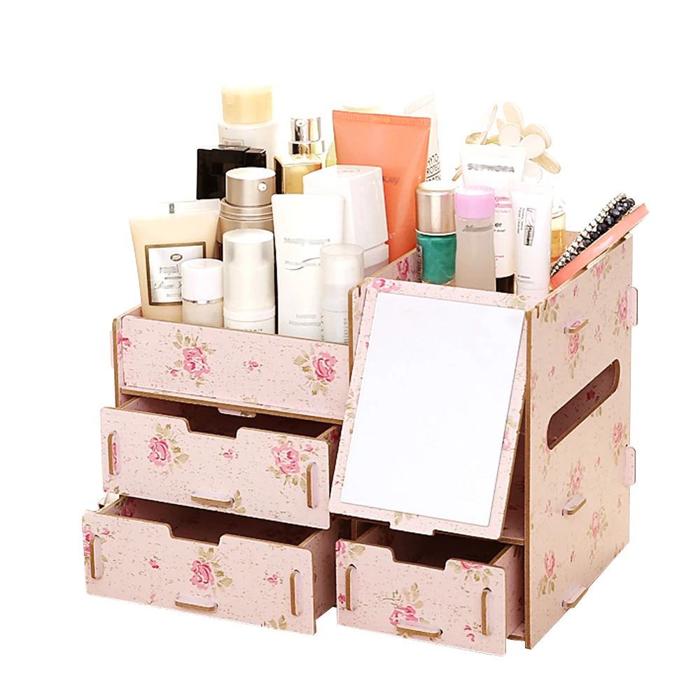 

New Cosmetic Storage Box Multifunctional Desktop Storage Box Wooden Makeup Organizer Case with Mirror Multi Drawers Large Capaci