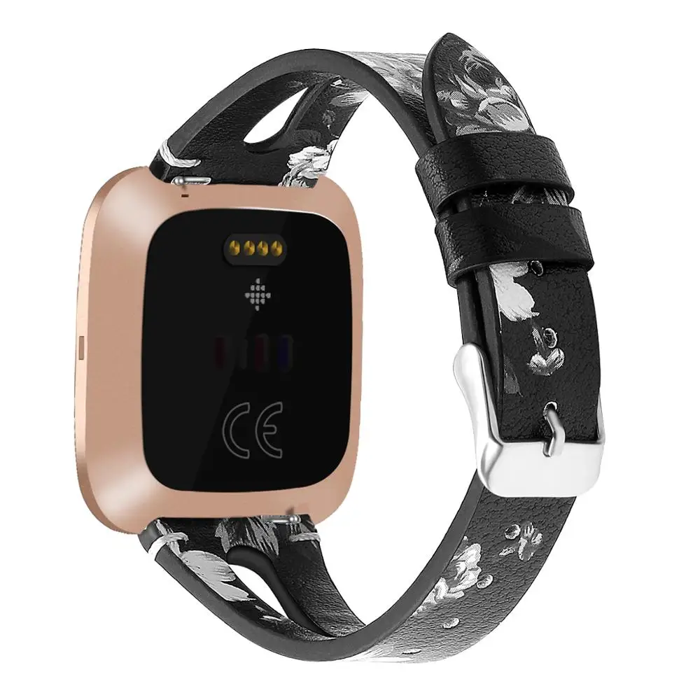 Black flower Печать кожаный ремешок для часов для Fitbit Versa 2 Смарт-часы шаблон Браслет для fitbit versa/versa lite correa - Цвет: Black flower