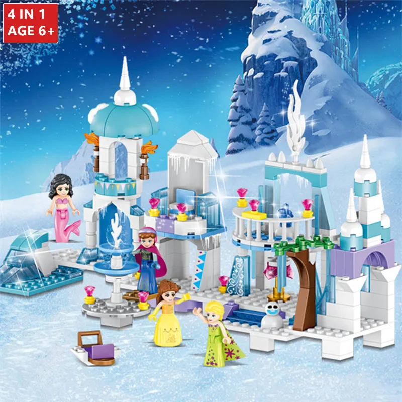 

4 IN 1 Snow Queen Ice Castle Model Anna Elsa Figures Mermaid Ariel Beauty Princess Building Blocks LegoINGLs Friends Kids Toys