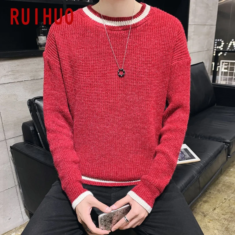 RUIHUO, новинка, осенне-зимний однотонный Повседневный свитер для мужчин, приталенный вязаный пуловер для мужчин, модный бренд, мужские свитера, теплые M-3XL