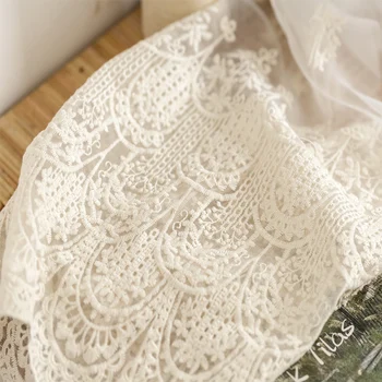 

135cm wide 1meter/lot Off white Thin Soft Organza Embroidery Lace Fabric Material Dress Accessory X109