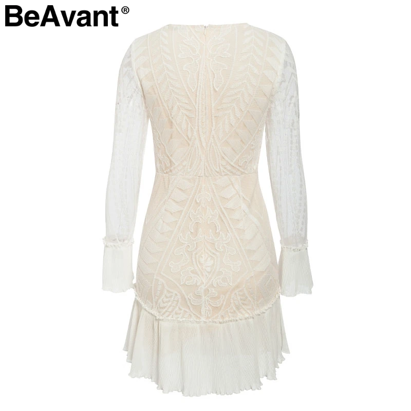 BeAvant элегантное белое платье с высокой талией сексуальное открытое кружевное платье с оборками и рукавами геометрические офисные женские осенние вечерние платья