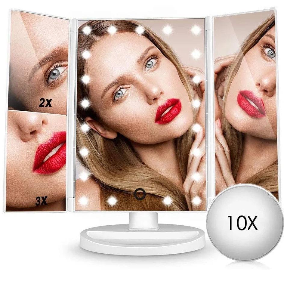 

Foldable Vanity Makeup Mirror with 22 LED Light 10X 3X 2X 1X Magnifying Trifold Table Mirror Touch Screen 180 Degree Rotation