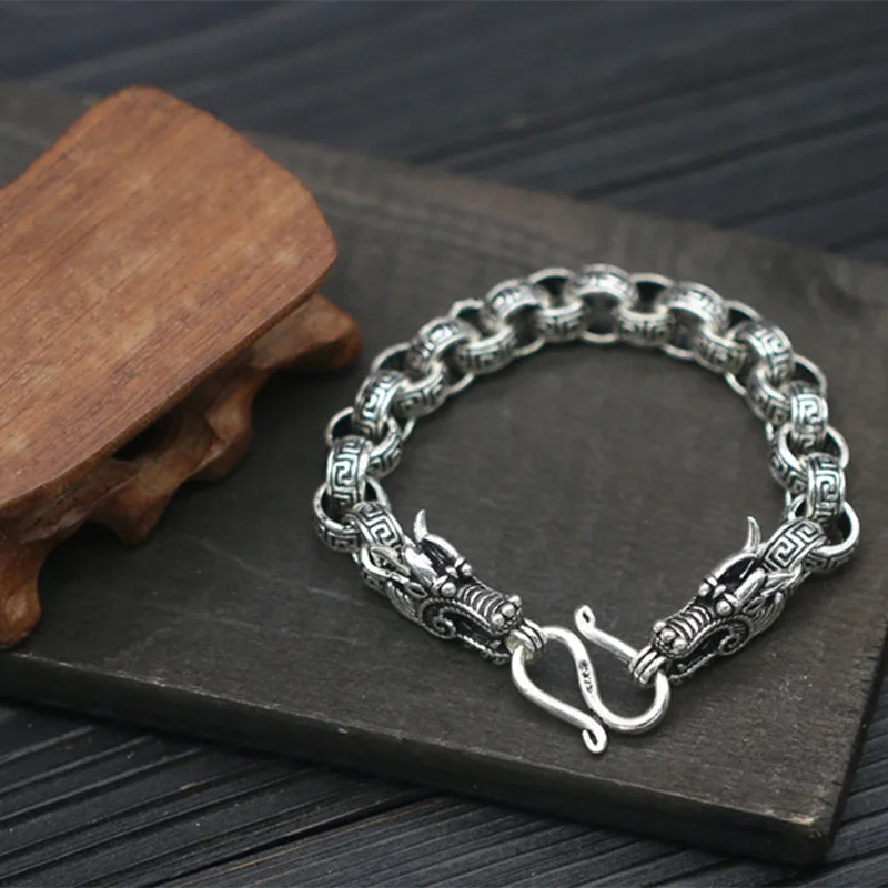 S925 Серебряное кольцо с двойным драконом, мужской браслет, высококачественный дизайн, ручная работа, буддийский узор свастики, мужской браслет