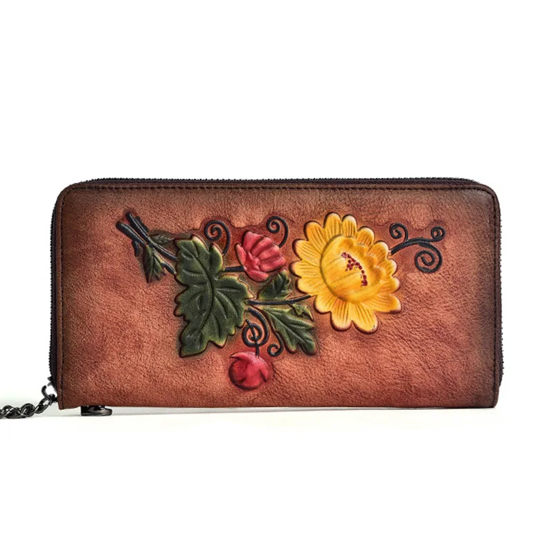 Vintage red Цветной женский кошелек из натуральной кожи, тисненый женский кошелек, несколько держателей для карт, винтажный Повседневный клатч, длинный Стандартный кошелек - Цвет: Vintage red