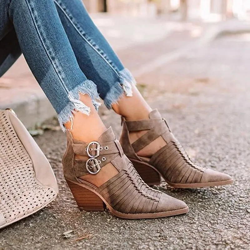 

Puimentiua Women Ankle Boots Pointed Toe PU Leather Low Heels Shoes Woman Booties High Heels Woman Botas Mujer Botte 2019