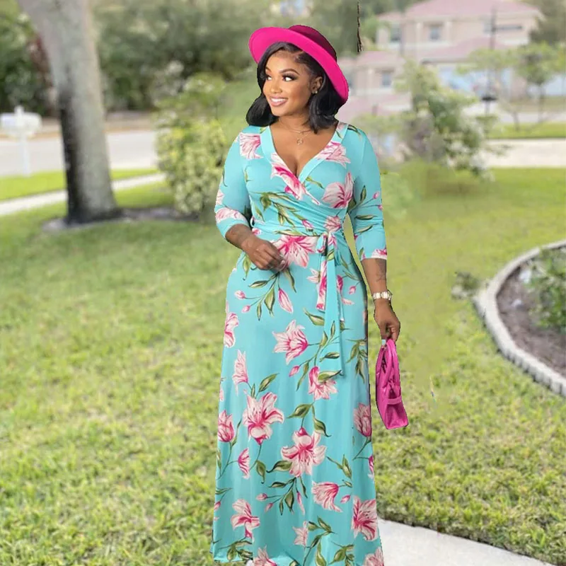 5xl Plus Size Dresses Women Clothing Elegant Fall Maxi Floral Dress with Sashes Ladies Long Sleeve Dropshipping Wholesale |