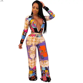 

Women Jumpsuits Party Long Sleeve Deep V-neck Print Wide Leg Jumpsuit Club Night Romper Womens Playsuit Overalls Sexy Outfits
