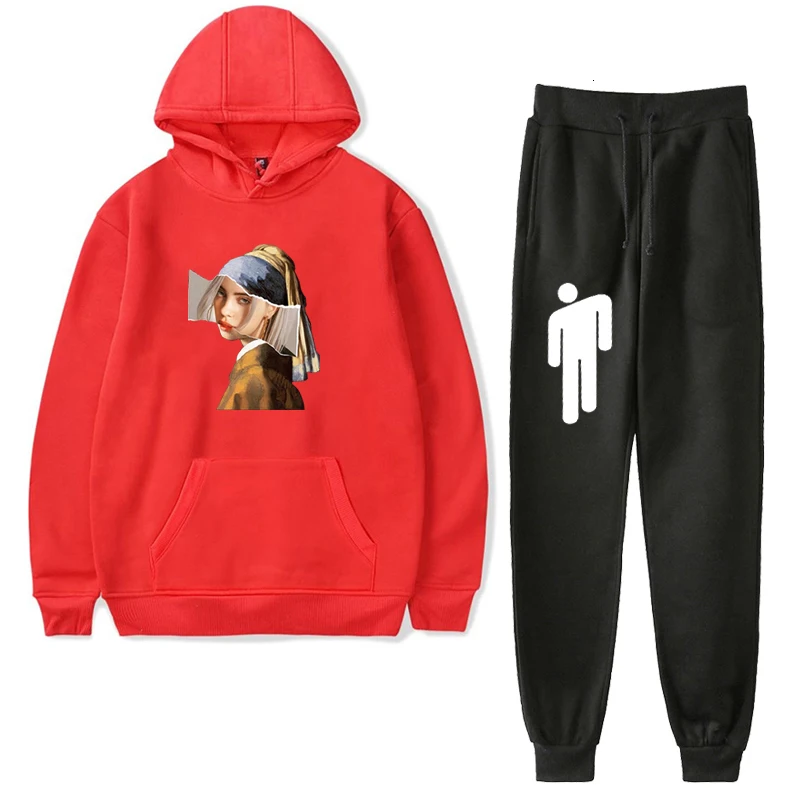 Billie Eilish плюс бархатная толстовка с капюшоном и штаны 2 шт./компл. Для женщин комплекты Спортивный костюм световой черный Толстовки костюмы по доступной цене, повседневная одежда для подростков