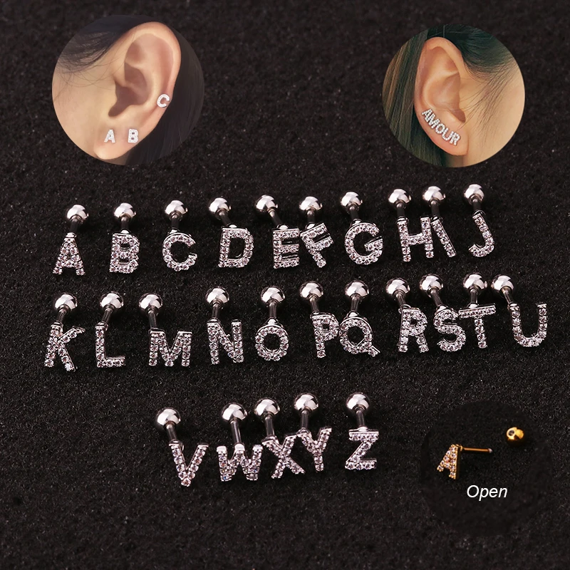 1 шт. 26 Английских Букв хрящевая спираль Tragus серьги гвоздики ухо ногтей аксессуары для украшения тела подарки для женщин