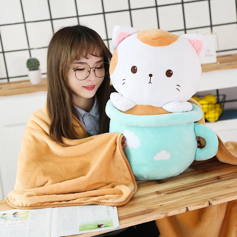 

New Style Tea Cup Cat Three-in-One Plush Doll Office Lunch Break Cat Pillow And Blanket Cute Students Siesta Blanket