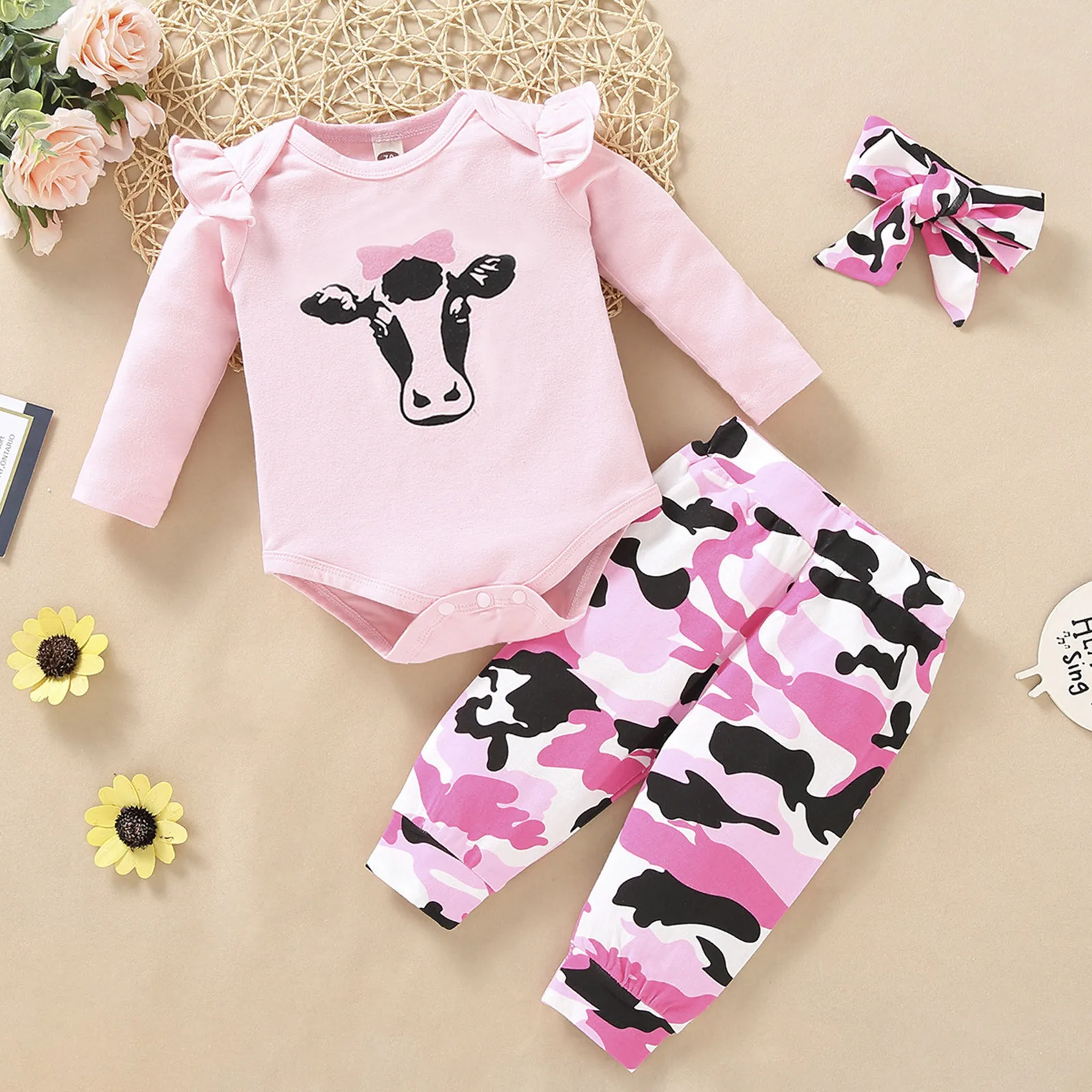

0-18Months Cute bull head print Newborn Infant Baby Ruffle Milk Cow Print Romper Bodysuit+Camouflage Pants Set Pink romper M5