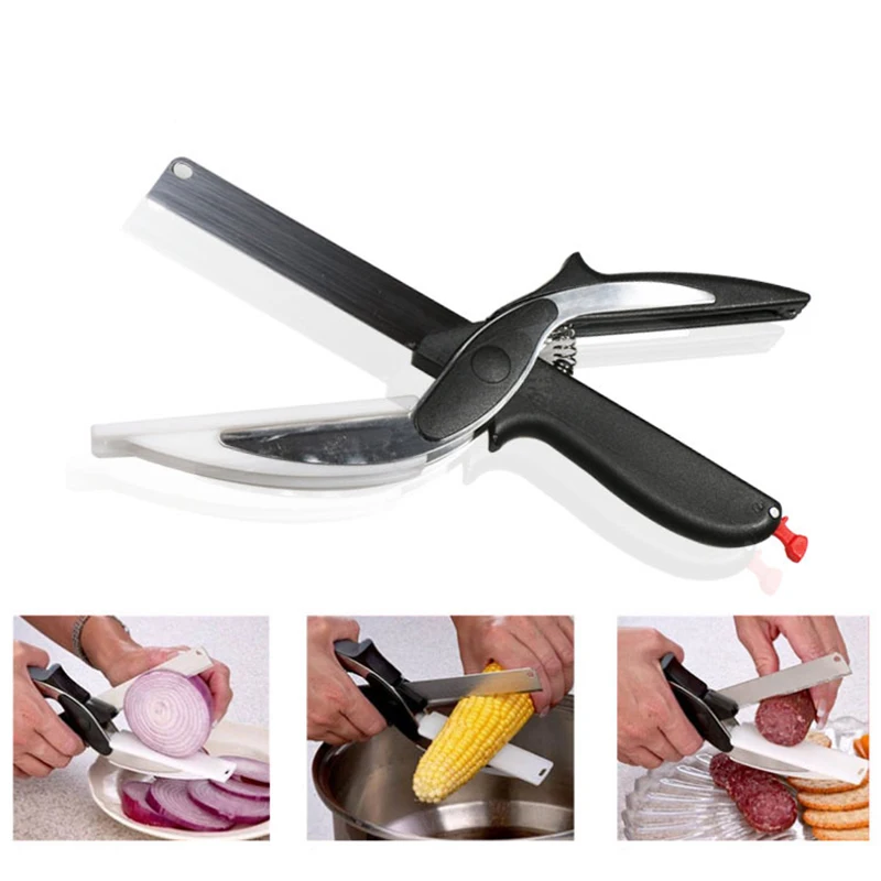 Dropshipping Stainless Steel Smart Kitchen Scissor Cutting Board Utility Cutter Vegetables Fruits Cheese Meat Scissors Support