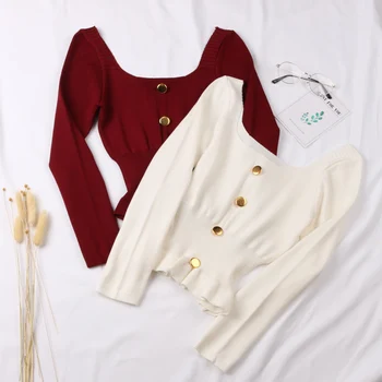 

ZCWXM Solid Ruffles Pullovers 2020 Spring Sexy Korenan Casual Button Women Sweaters Chic Vintage Short Pull Femme Cardigan