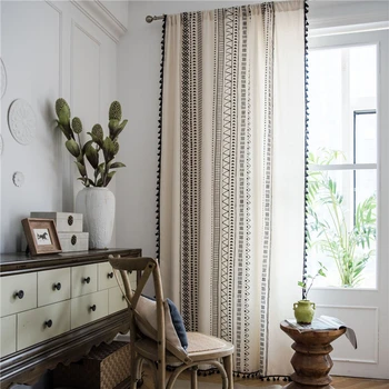 

Curtains Window Treatments Cotton Linen Black Tassel Plain Fabrics American-style Flowers Draperies Multi-color Decoration