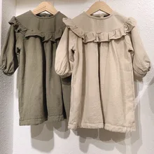 Весенние однотонные платья с длинными рукавами в стиле ретро для маленьких девочек Детская бархатная одежда с расклешенными рукавами платья в стиле принцессы