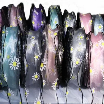 

Silk Organza Wavy Ribbon With Daisy Sunflower Printed Black Edged Voile Wholesale 25yards 5.5cm Ornament Gift Wrap Chiffon Tape