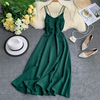 

RUGOD2020 New Arrivals Women Summer Dress Spagheti Strap High Waist Backless Cross Dresses Casual Lady Cotton Evening Robe