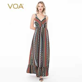 

VOA New Vintage Printed Metal Buckle Adjustable Shoulder Strap Slim Slimming Pleated Backless Strap Dress AI91