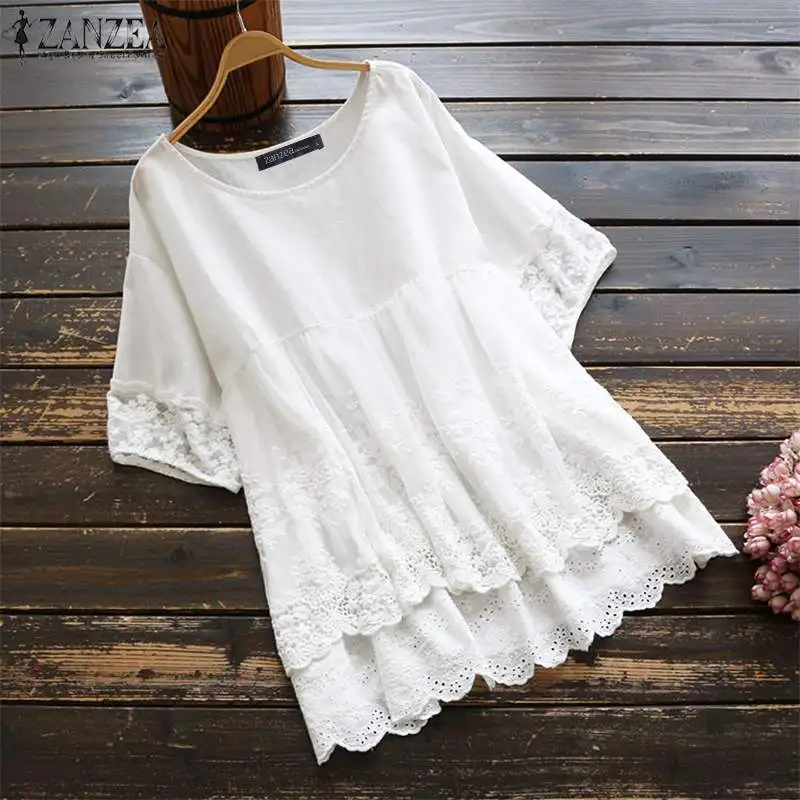 

ZANZEA Summer Solid Blouse Fashion Hollow Lace Patchwork Shirt Women Casual Short Sleeve Cotton Pleated Tunic Tops Female Blusas
