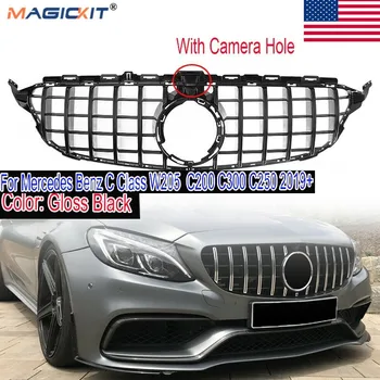 

MagicKit Gloss Black Front Bumper W/ Camera GT R Style For Mercedes-Benz C Class W205 C200 C300 2019+ AMG Style Front Grille