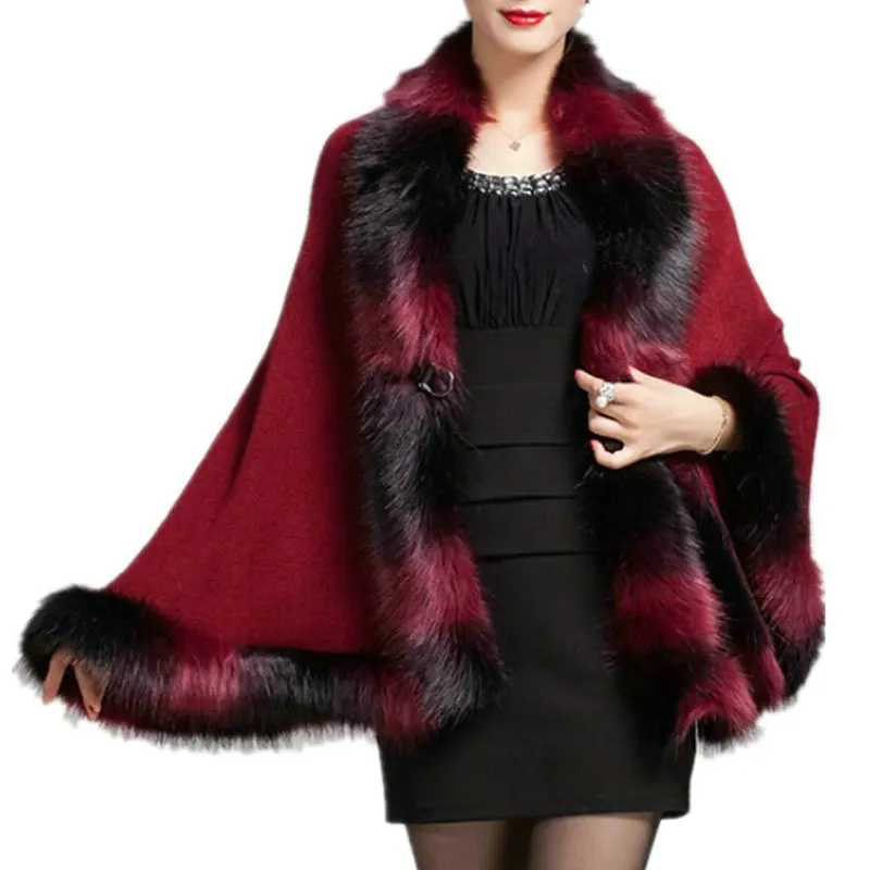 Faux Fox Fur Mixed color Poncho Coat Autumn Winter Fashion Knitted Cardigan Wool Cashmere Sweater Womens Capes and Ponchoes MY27 |