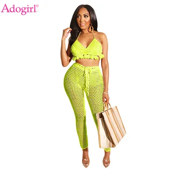 

Adogirl Crochet Fishnet Summer Beach Two Piece Set Halter Tassel Bra Casual Pants Women Fashion Sexy Swimsuit Sexy Suits