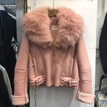 Женская кожаная куртка с воротником из натурального Лисьего меха, корейский стиль, пальто из натурального меха, женская короткая куртка из искусственной кожи